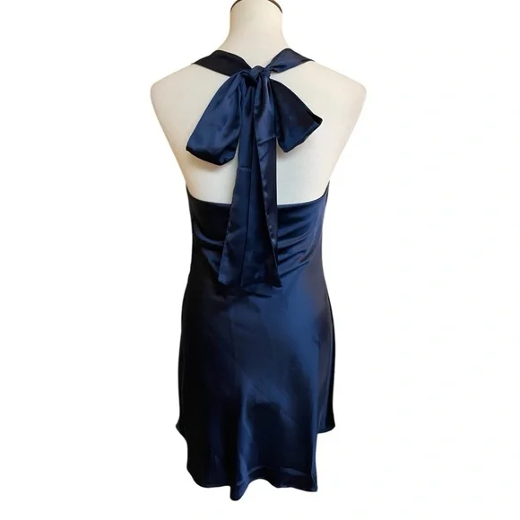 Navy Draped Cowl Neck Satin Sleeveless Dress - Picture 4 of 12